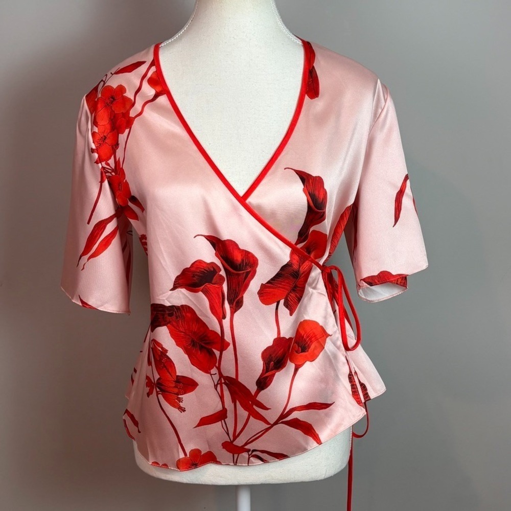 NWT $209 Ted Baker Melonyy Fantasia Wrap Top Pink Red Floral womens size 1/small